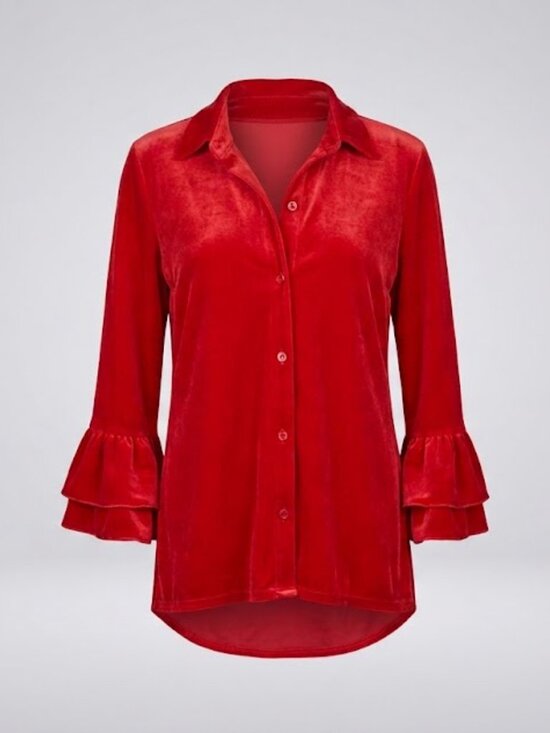 None Tops - Red Velvet Ruffle Sleeve Button Front Blouse Size L